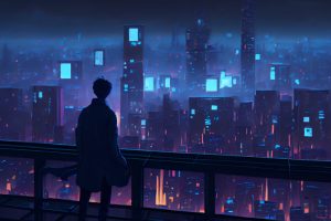 Man watching over the city,illustration painting