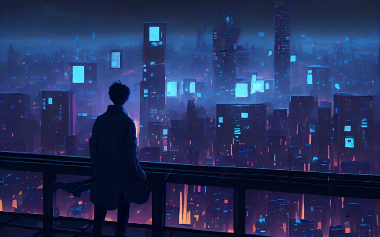 Man watching over the city,illustration painting